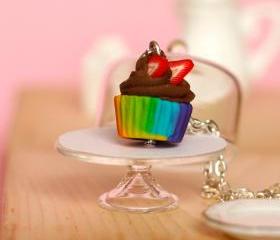 Kawaii rainbow necklace chocolate cupcake miniature Polymer clay