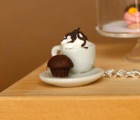 Coffee with cream and chocolate cupcake necklace polymer clay